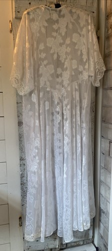 Vintage NATORI Saks Fifth Avenue Kimono Morgenmantel Kurzarm Blumen weiß Spitzenbesatz L - Bild 10 von 14