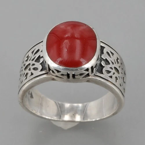 Vintage Silpada Carved Oxidized Sterling Silver Band Red Inlay Ring R1465 Size 6
