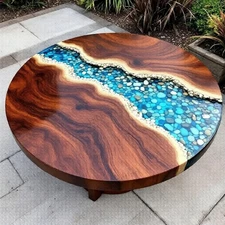 Handmade Blue River Stone Epoxy Table: Live Edge Wood & Resin Art