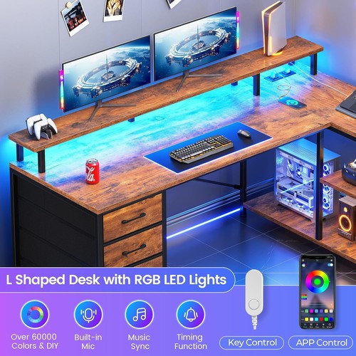 L Shaped Desk with 4 Drawers &Storage Shelves, Corner Computer Desk w/LED Lights - Picture 22 of 41