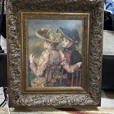 "Two Women In A Garden. Oil on Board" Renoir Lithograph  in ornate heavy frame