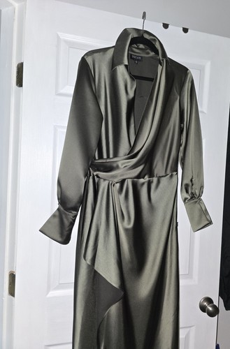 XSCAPE Satin Shirtdress Longsleeve Gown Long Dress Dark Olive Green Size 6 - Picture 15 of 17