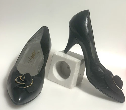 SAINT LAURENT (YSL) Décolleté YSL Yves Saint Laurent in pelle nera con camoscio e fiocco oro anni 80 90 taglia 5 5