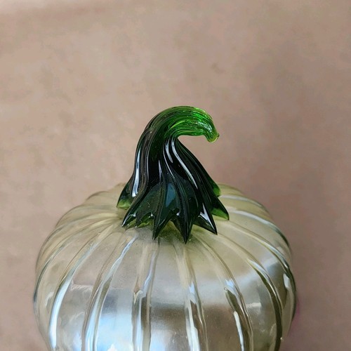 Blown Glass Light Iridescent Silver Ribbed Pumpkin w/ Green Glass Stem - Picture 11 of 19