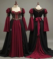 Vintage Gothic Medieval Prom Dress Costume Black With Red Civil Evening Dress
