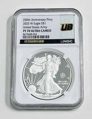 2025 W American Silver Eagle Army Privy NGC PF70 Ultra Cameo Ultra Breaks Label