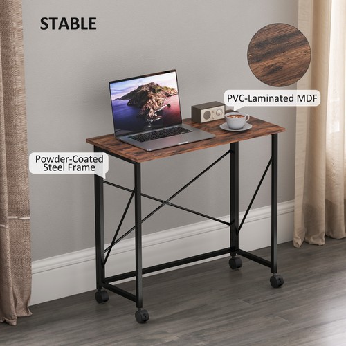 HOMCOM Folding Desk on Wheels, Writing Table for Home Office, Brown - Picture 4 of 11