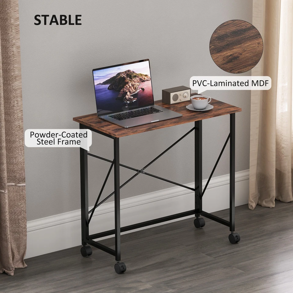 HOMCOM Folding Desk on Wheels, Writing Table for Home Office, Brown - Image 4 of 4