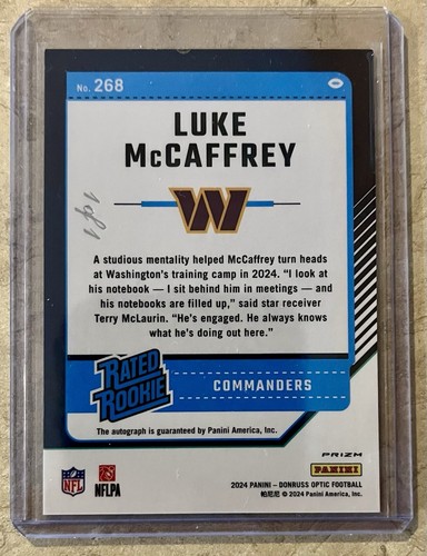 2024 Panini Donruss Optic Luke McCaffrey Rated Rookie GOLD VINYL AUTO 1/1 #268 - 第 2/2 張圖片