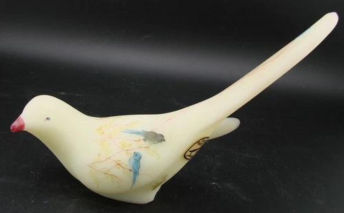 Vintage FENTON satin CUSTARD glass HAPPINESS BIRD figurine with Blue Birds