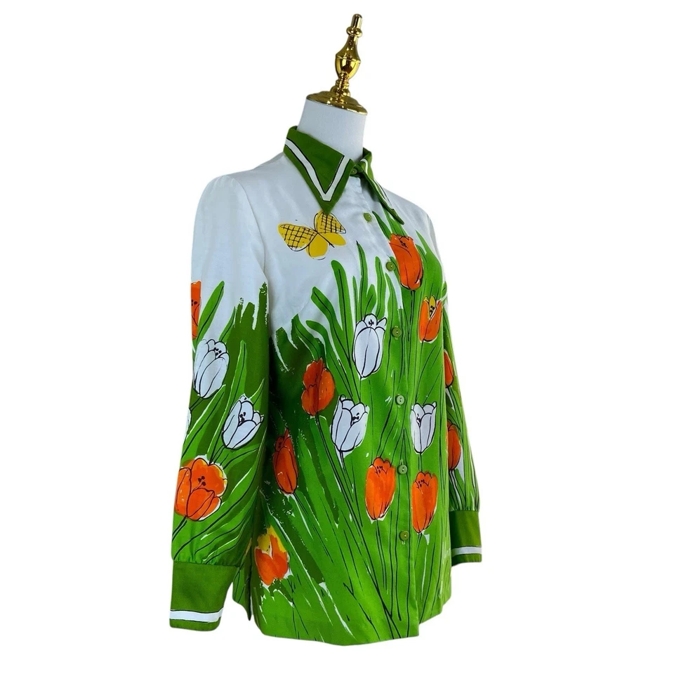 Vintage 60s Vera Neumann 100% Cotton Green Tulip Butterfly Blouse Women's Size M - Image 3 of 4