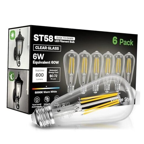 Dusk to Dawn Light Bulbs, 6W Equivalent 60W 5000K, E26 Base, 6 Pack Cool White