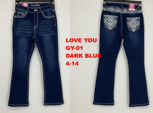 Girls Embellished Cross Rhinestone Embroidery Stitch Denim Kids Blue Jeans 4-14 - Picture 3 of 5