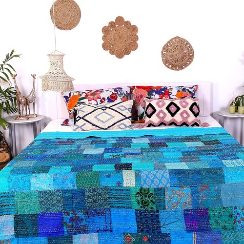 Silk Patchwork Kantha Quilt Bedspread Bed Cover Blanket Indian Bedding Twin Size - Picture 1 of 4