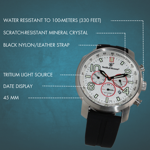 Smith & Wesson Tritium SWW-1500-GRY Chronograph Analog Dial 45mm Wrist Watch - Picture 2 of 9