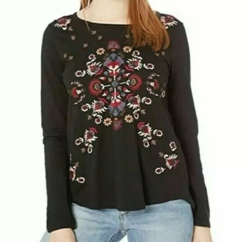 LUCKY BRAND Damen Top S Langarm schwarz Strick Baumwolle bestickt transparenter Rücken  - Bild 1 von 11