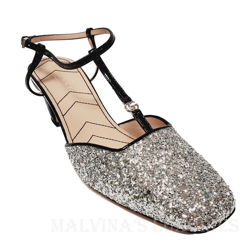 CHAUSSURES GUCCI ESCARPINS À BRIDE ARGENT PAILLETTES AVEC LOGO DOUBLE G 980 $ détaillant 37,5 7,5