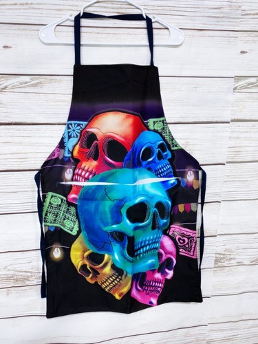 Mexican Day Of The Dead Bib Apron Multicolor Skulls Pocket Dia De Muertos Mandil - Picture 3 of 5