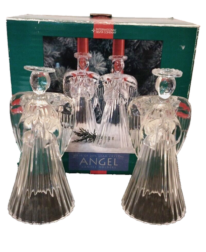 7" International Silver Co 1996 Lead Crystal Angels Taper Candle Holders Set - Bild 6 von 8