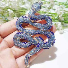 Gold Tone Blue Snake Animal Brooch Women Crystal Rhinestone Pin