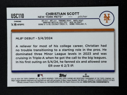 CHRISTIAN SCOTT RC 2024 Topps Chrome Update X-Fractor #USC110 New York Mets - Picture 2 of 2