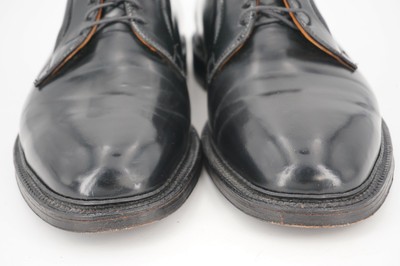 Alden 9901 Plain Toe Blucher is built on the Barrie last. The model has a Horween Black Shell Cordovan leather upper with a double leather outsole.