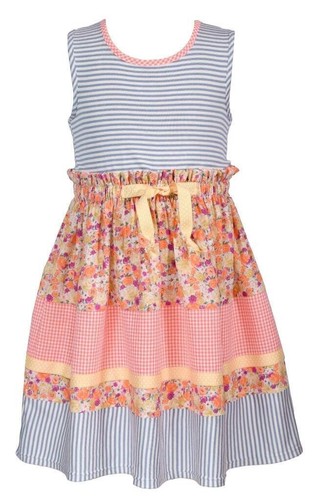 NWT Bonnie Jean Girls 6X Blue Orange Tiered Stripe Gingham Floral Dress