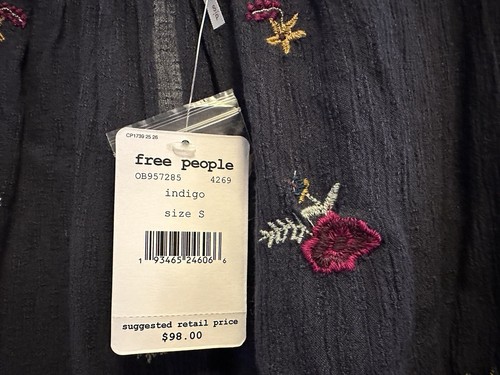 Free People bestickte Bluse Damen Gr. S Indigo Wildblumen Langarm Boho - Bild 5 von 10