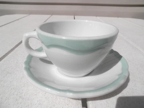 Vintage Shenango China Mint Green Rimrol Cup &  Scalloped Saucer Restaurant Set