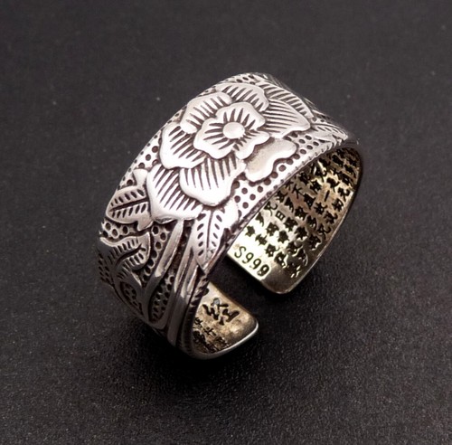 Anillo de banda corazón budista Sutra Lotus 999 anillo de plata de ley mujer hombre - Imagen 3 de 6
