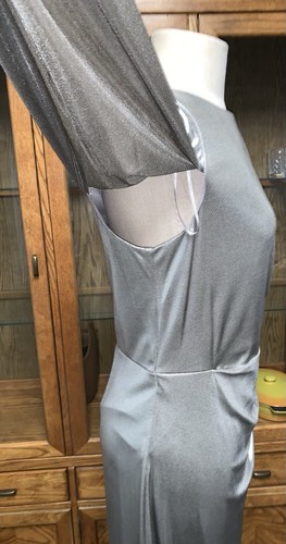 A1 NWT ELIZA J SILVER METALLIC FORMAL LONG FITTED EVENING DRESS 12 RUCHED WAIST - Picture 4 of 24