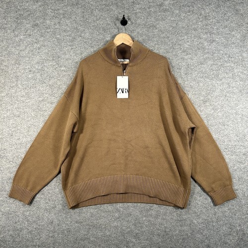 Zara Pullover Herren Extra Large Herren Braun Viertel Reißverschluss Trichter Strick Oberteil Preppy - Bild 1 von 9