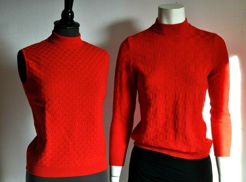 Lucia Vintage 70er Pullover Stehkragen Karostrick Pulli Schurwolle Rot 36 38 Neu - Picture 7 of 7