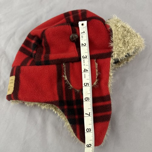 GapKids Boys Red Plaid Fleece Trapper Winter Hat S/M Faux Fur Ear Flaps Cap Warm - Picture 9 of 11