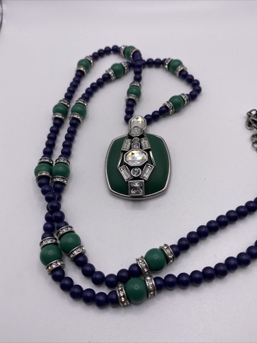 Lia Sophia Prisma Green medallion  Art Deco Beaded Pendant Long Necklace 36"