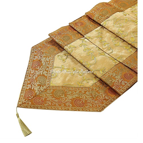 Indischer Jacquard Tischläufer Brokat Gold Bestickt Lange Quaste Tischdecke - Bild 1 von 7