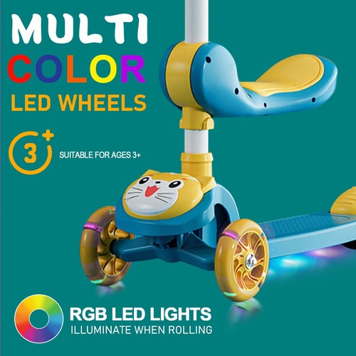Kids Scooter w 3 LED Light Wheels, Adjustable Height Foldable Seat Sit or Stand - Picture 6 of 7