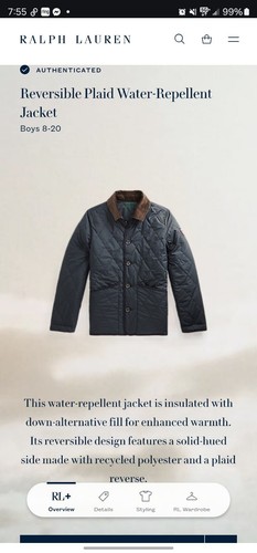 Polo Ralph Lauren Boys Size L Quilted Jacket Reversible Tartan Blue Green - Picture 2 of 9