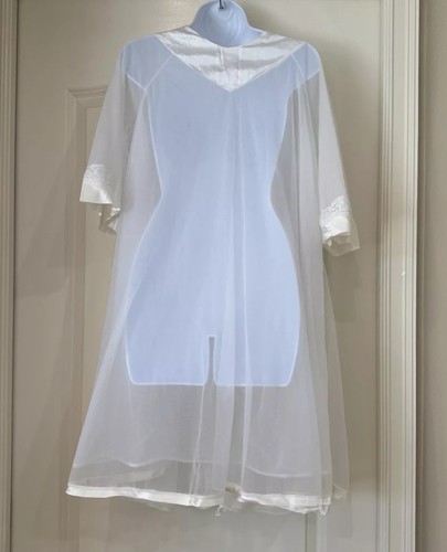 Vintage 1950's Chiffon Lingerie Peignoir Sheer White Babydoll Floral Lace Sz M - Picture 9 of 11