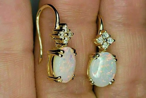 4Ct Oval Cut Fire Opal & Diamond Drop & Dangle Earrings 14k Yellow Gold Finish - Picture 2 of 7