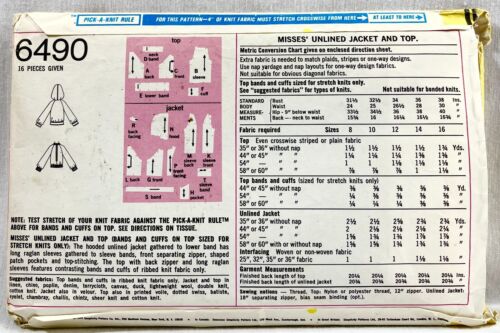 1974 Simplicity Sewing Pattern 6490 Womens Unlined Jacket & Top Sz 10 Vntg 16306 - Picture 2 of 2