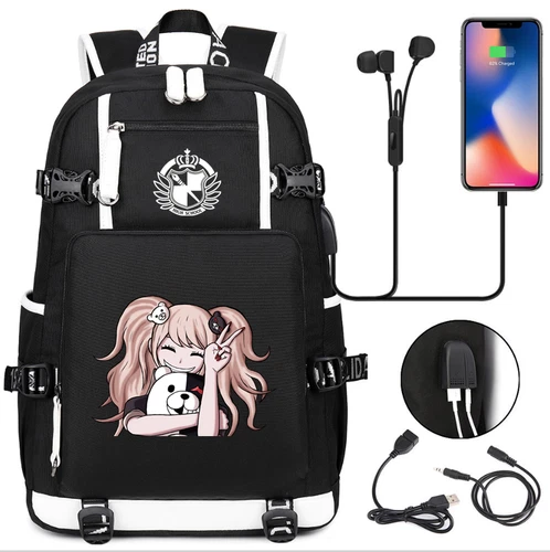 Mochila de lona Danganronpa Monokuma USB carga bolsa de viaje música portátil mochila