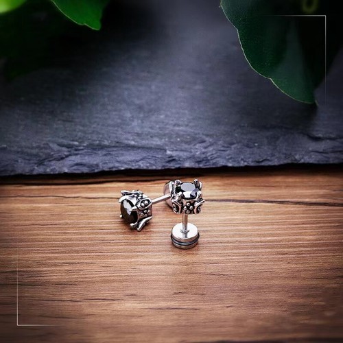 Mens Womens Stainless Steel Black CZ Earrings Screw Back Ear Stud Punk Jewelry - Picture 3 of 5