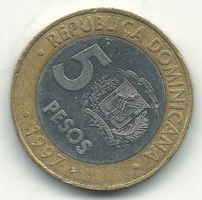A HIGH GRADE AU 1997 DOMINICAN REPUBLIC BIMETAL 5 PESOS-FEB106