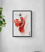 Japanese Geisha in Red Print, Sumi-E Printable Wall Art