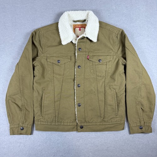 Levis Mens Type 3 Sherpa Lined Trucker Jacket Cougar / Tan Canvas Size Small