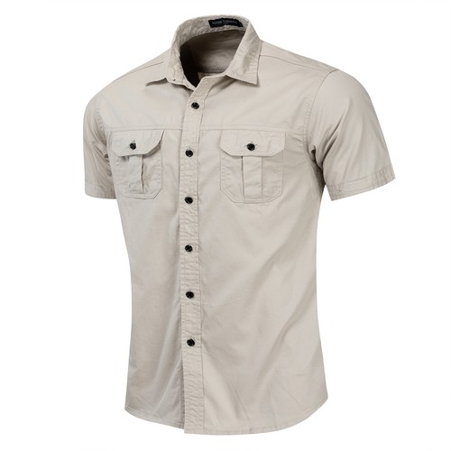 New Men's Short Sleeve Military Shirt Solid Cotton Shirts Workwear with Pocket - Bild 11 von 18