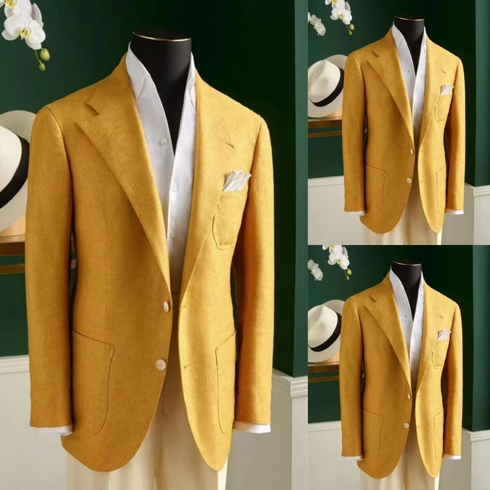 Linen 2 Pieces Men's Suits Yellow Summer Wedding Party Blazer Business Jacket - Image 3 of 4