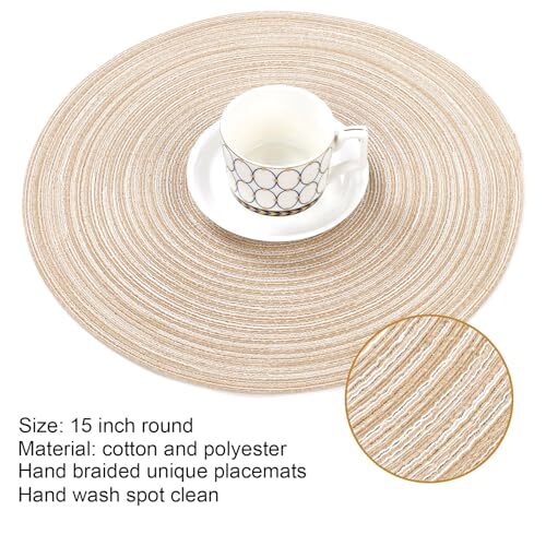 Round Braided Placemats Set of Round Table Mats for Dining Tables 15 4 Beige - Picture 5 of 7
