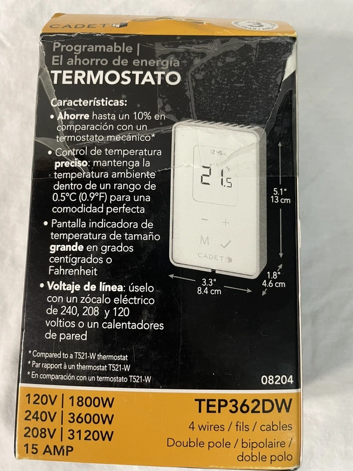 Cadet TEP362DW EnergySaving Double Pole Programmable Thermostat,15A,120/208/208V - Image 4 of 4